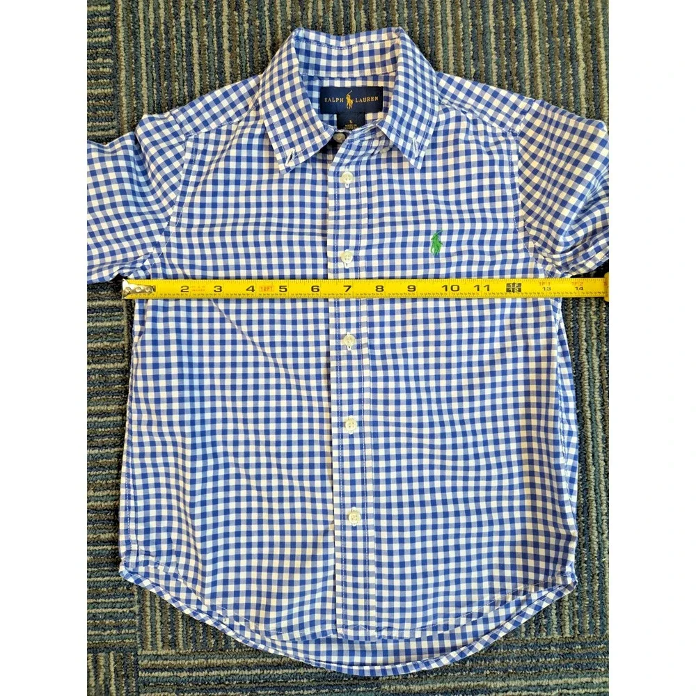 Ralph Lauren Kids Blue Gingham Button Down Shirt Size 5 Green Pony Logo Long Slv